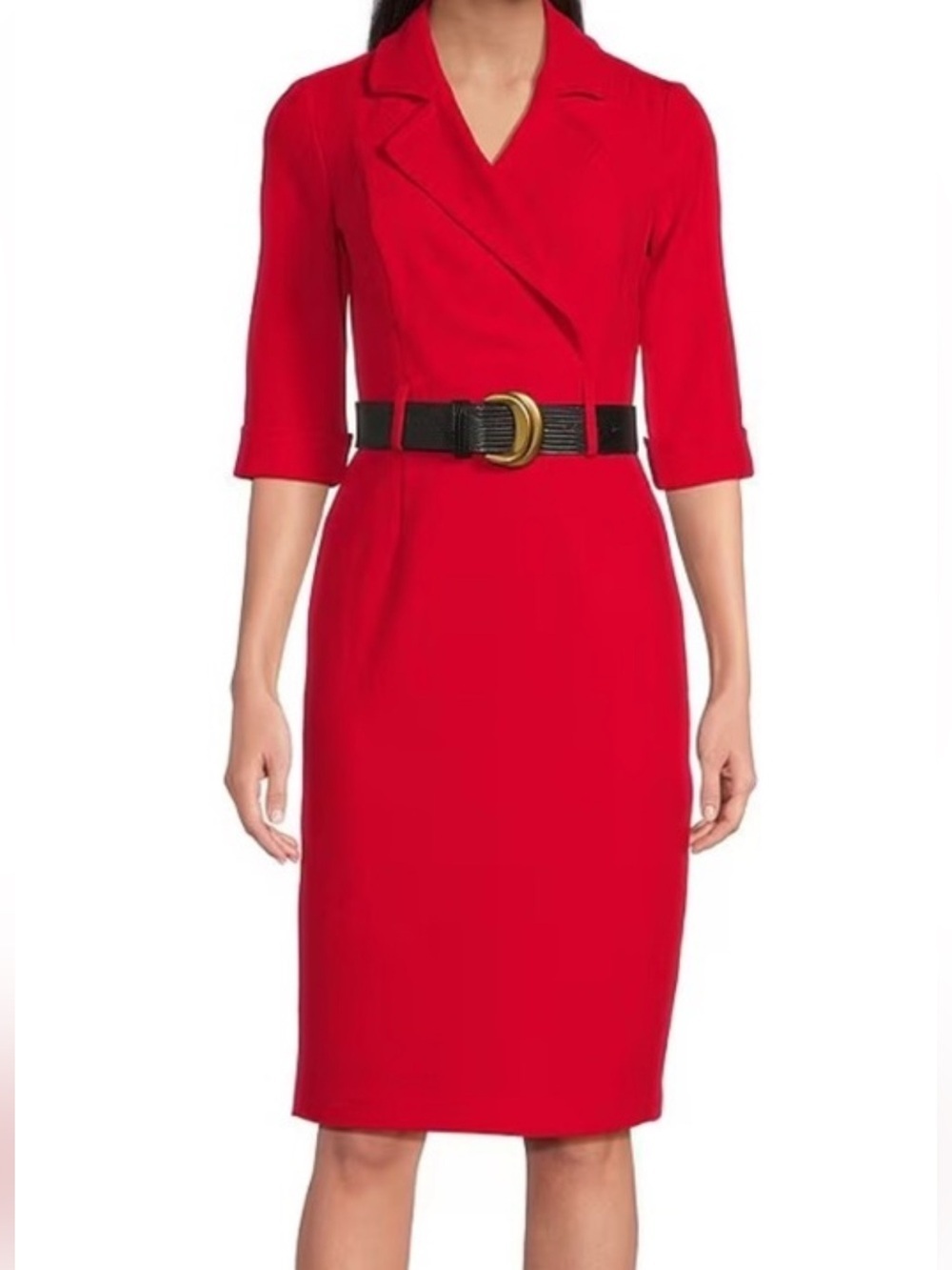 Donna Karan NWT Sheath V-Neck 3/4 Sleeve Belted Crepe False Wrap Dress